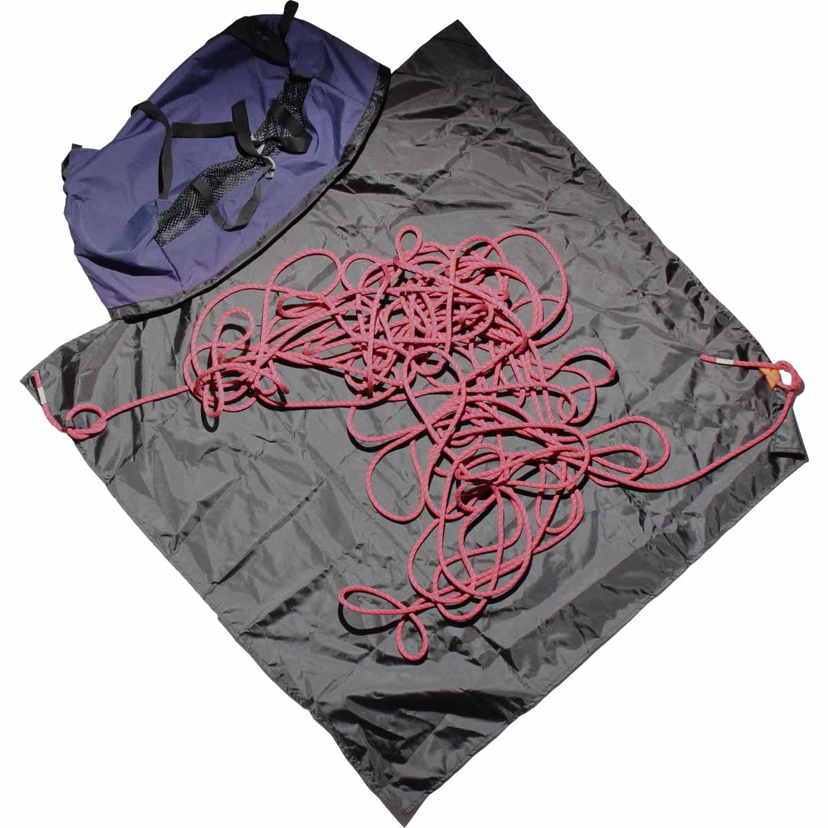 Dark purple climbing rope bag with pink rope and orange tie detail