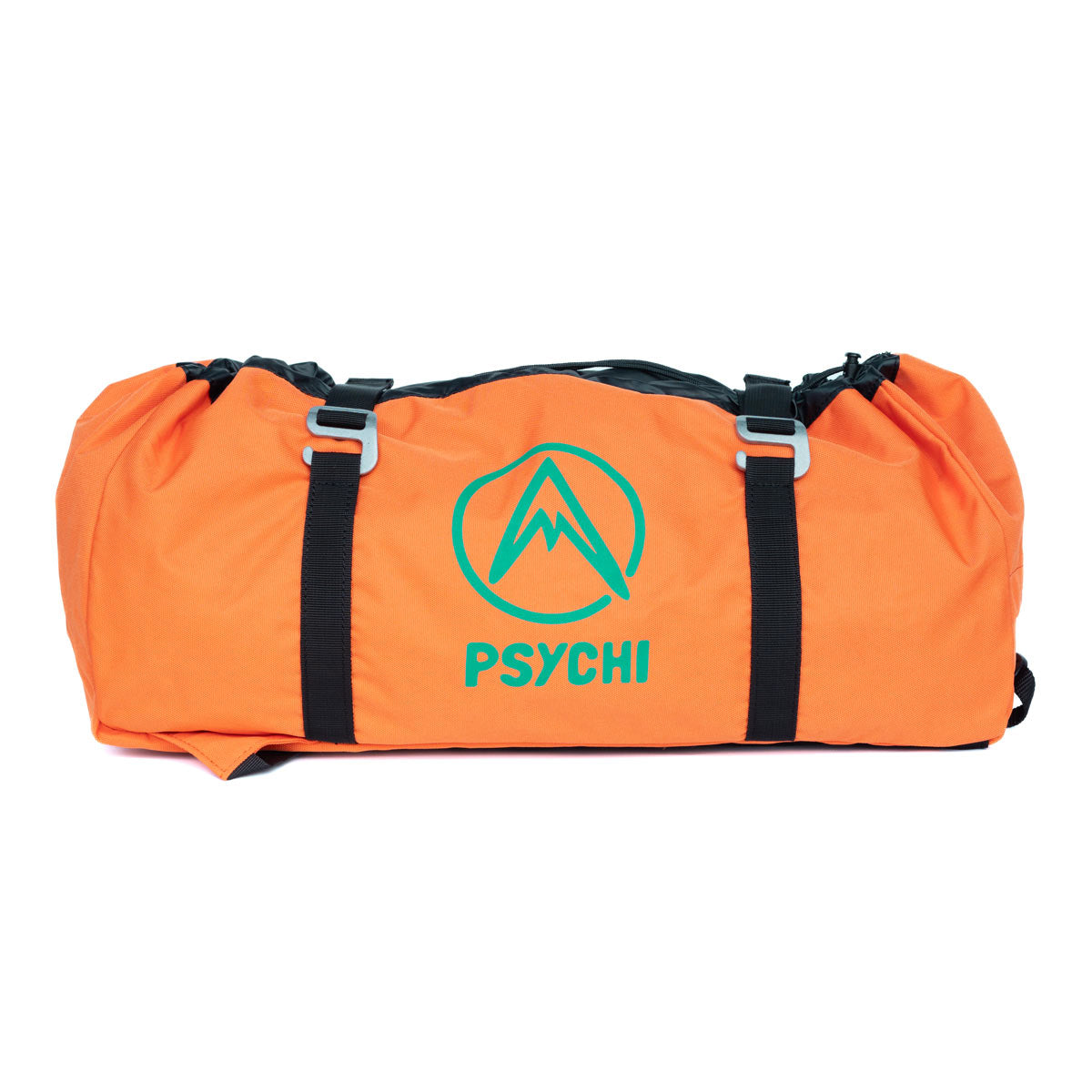 Orange climbing rope bag with black webbing straps and front logo