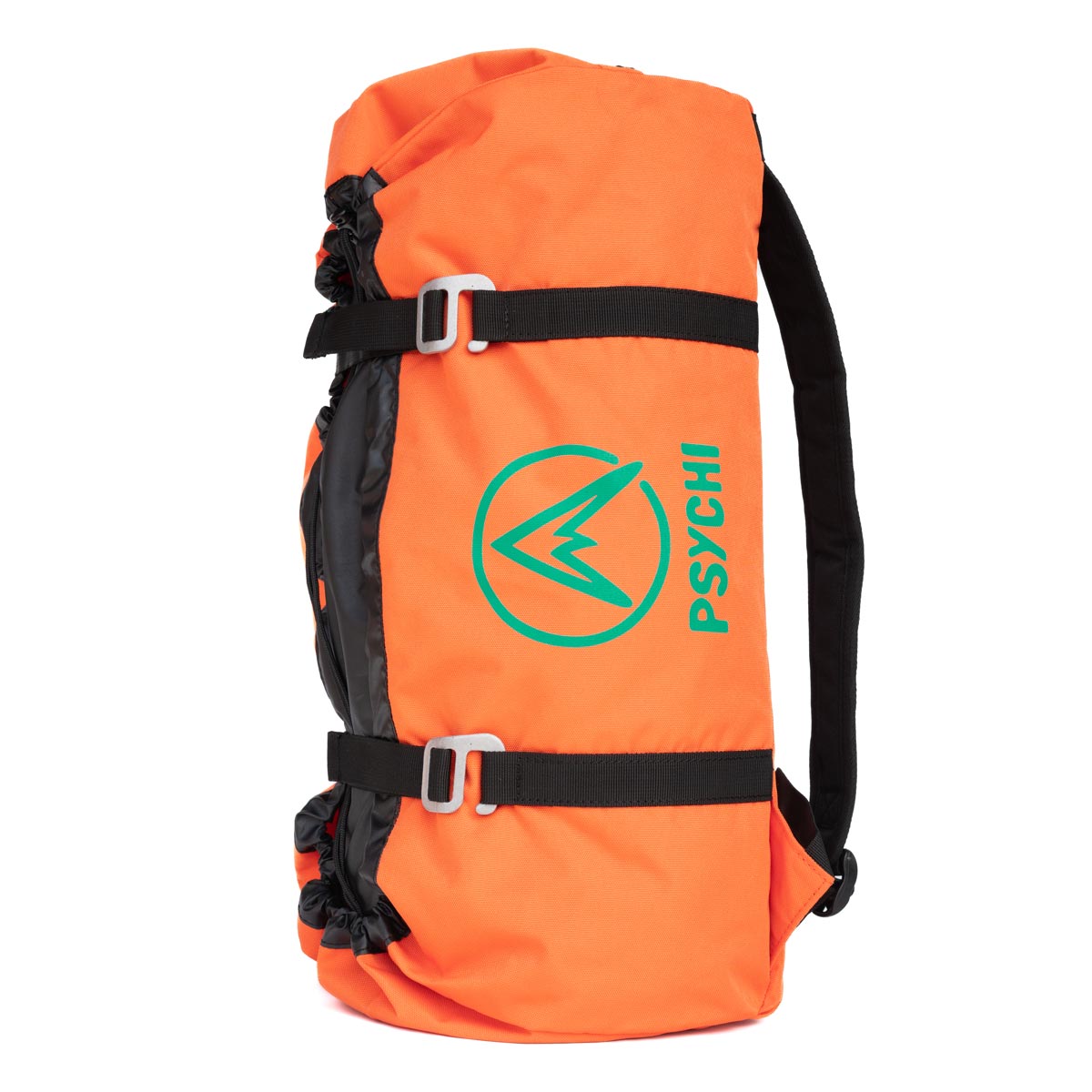 Orange climbing rope bag with front logo patch and buckle straps