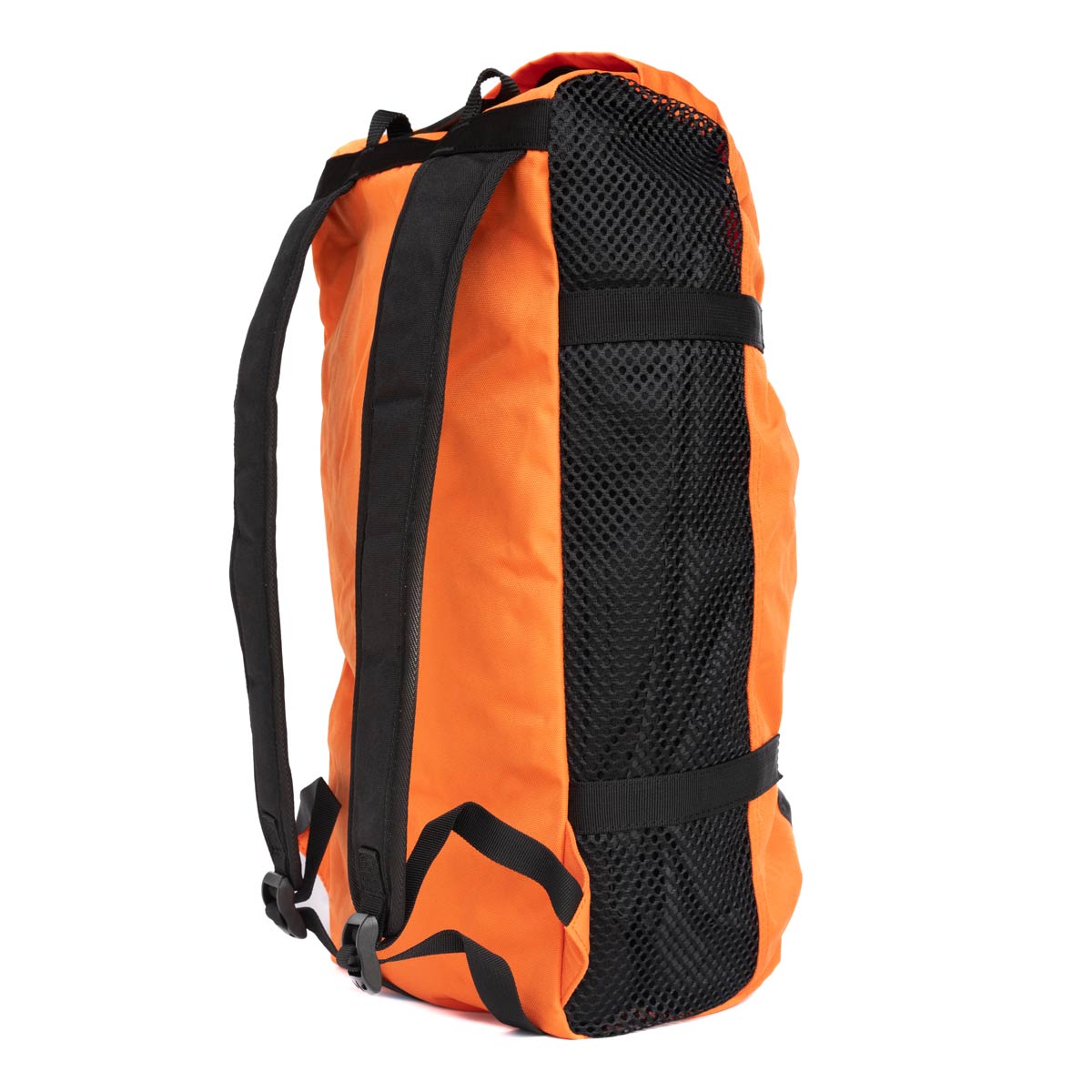 Orange and black climbing rope bag with mesh side panel and carry straps