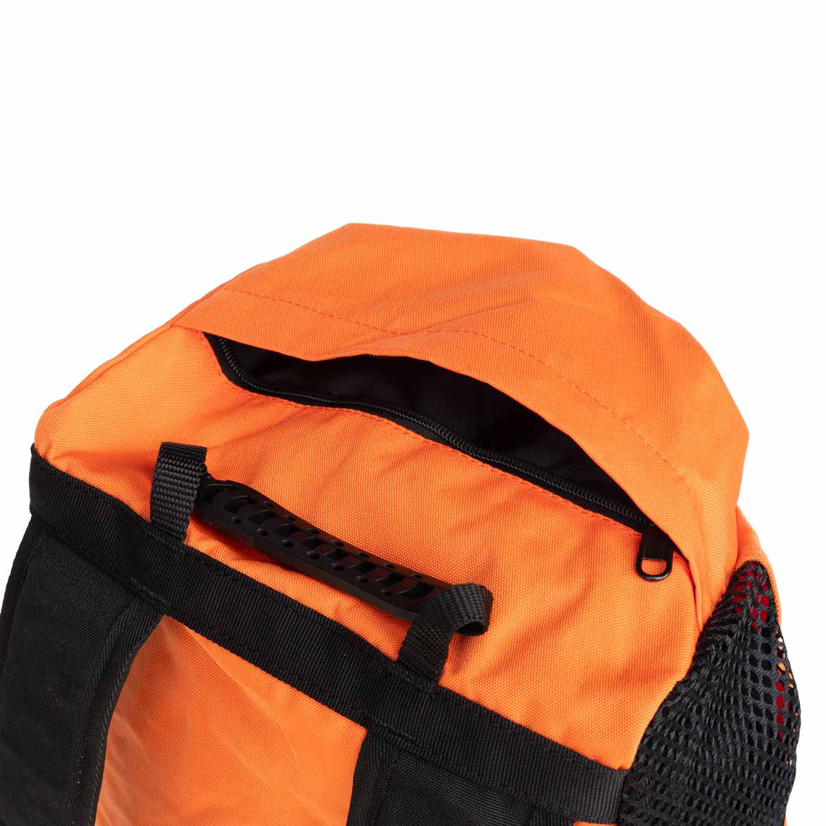 Orange climbing rope bag close-up with black zipper pocket and mesh side