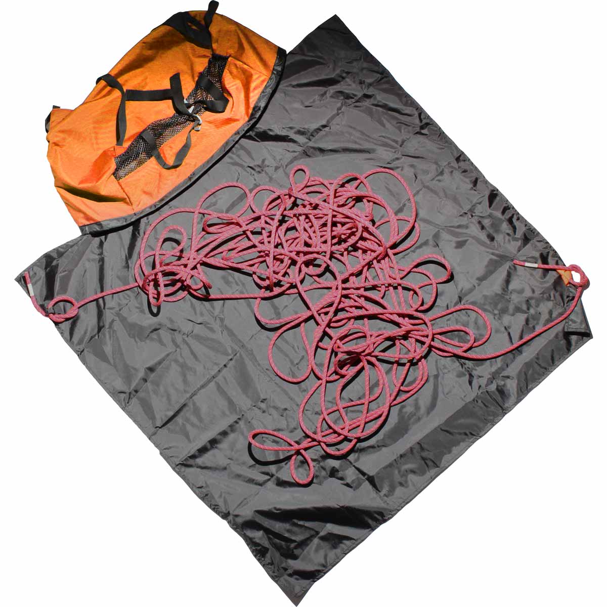 Orange and black climbing rope bag with pink rope laid across the top
