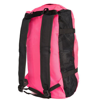 Climbing rope bag, pink with black side panels and breathable mesh panel