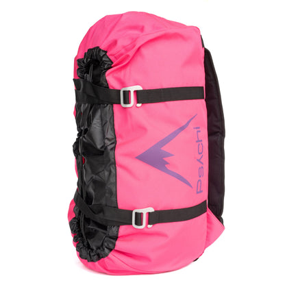 Climbing rope bag, bright pink with black straps and Psachi logo