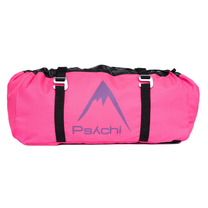 Climbing rope bag, pink duffel with black straps and Psachi logo