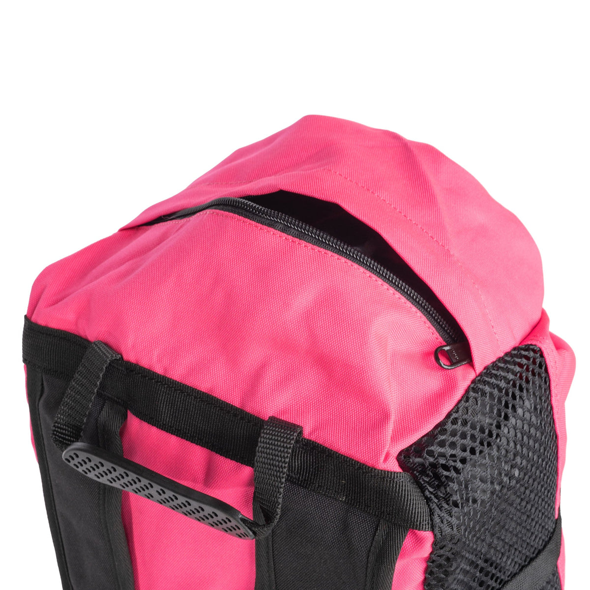 Climbing rope bag, pink with black strap webbing and zipper on top