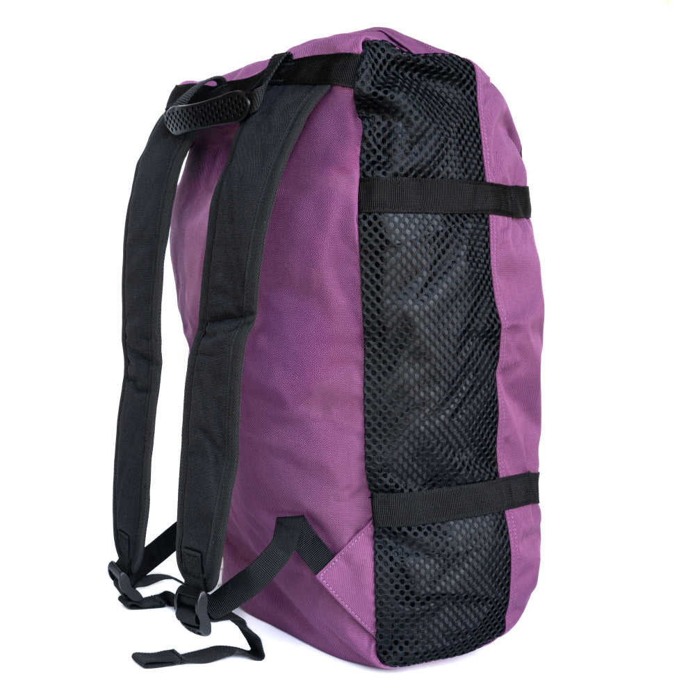 Climbing rope bag in purple with black mesh back panel and adjustable shoulder straps