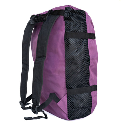 Climbing rope bag in purple with black mesh back panel and adjustable shoulder straps