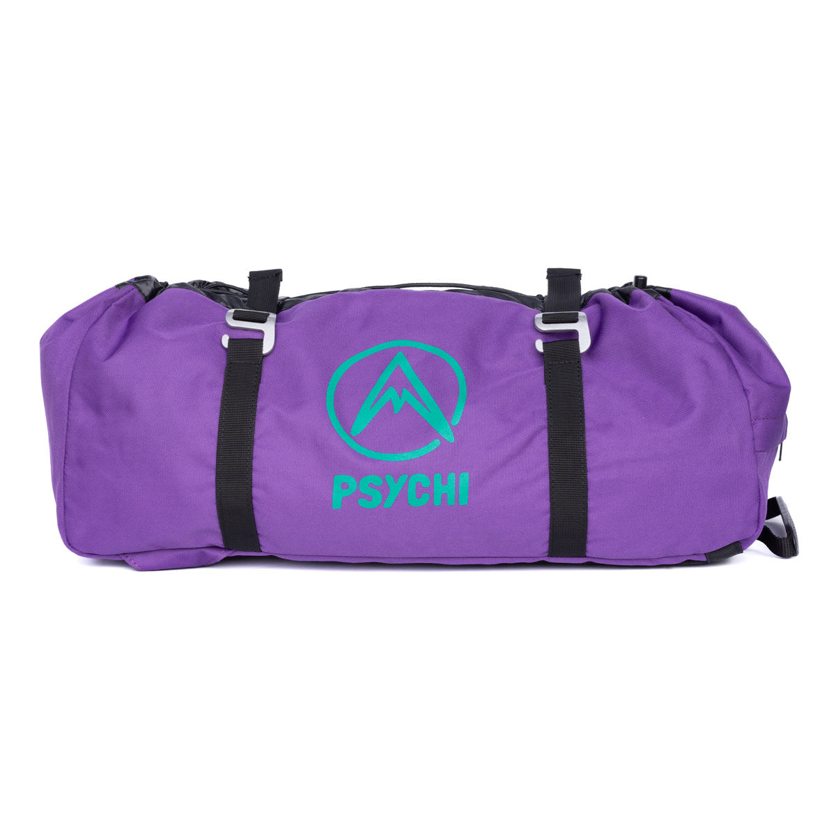Violet climbing rope bag with horizontal carry straps and logo patch