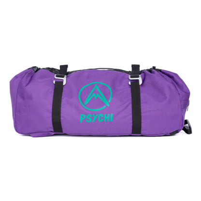 Violet climbing rope bag with horizontal carry straps and logo patch