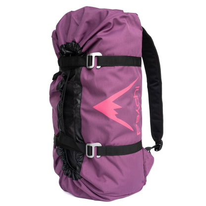 Climbing rope bag in purple with black side panels, padded straps, and top handle