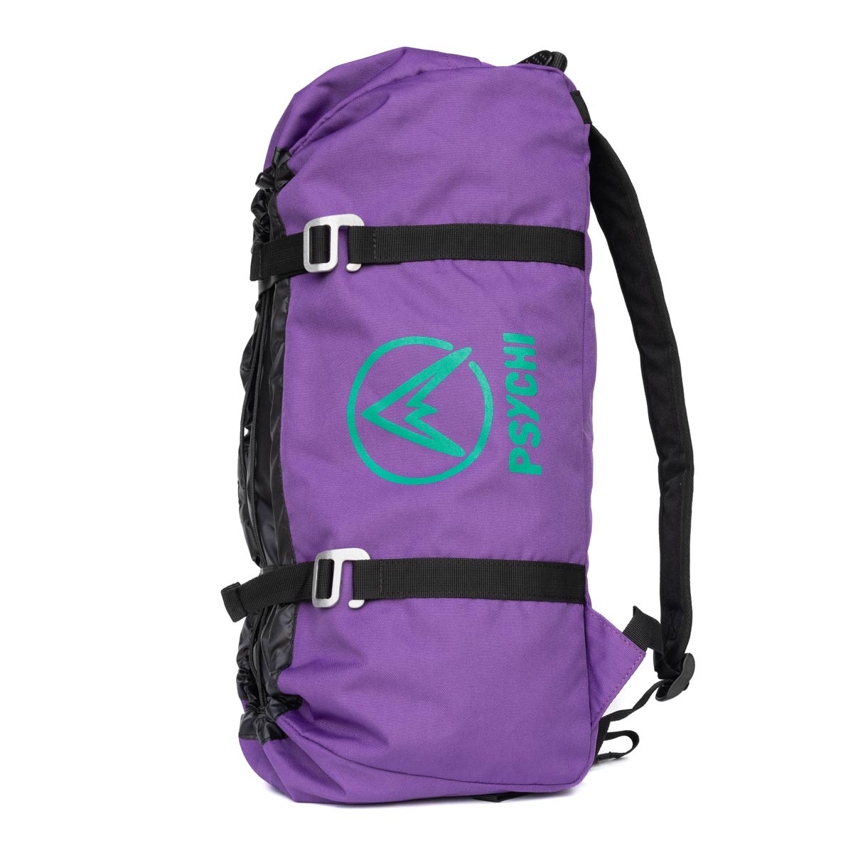Psychi climbing rope bag in violet with black straps and buckle tabs
