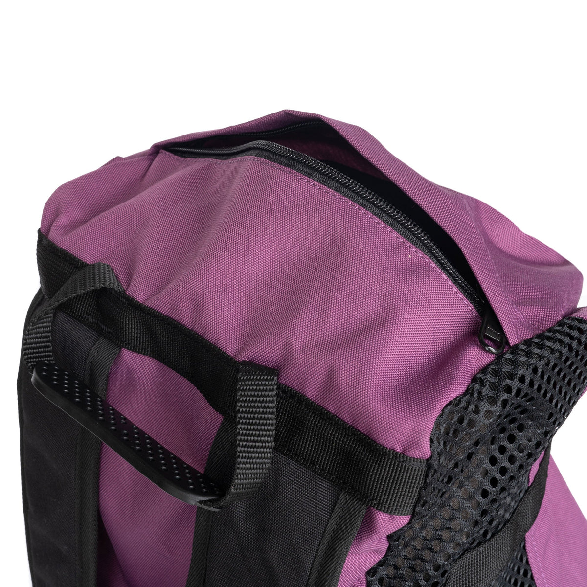 Climbing rope bag in purple with black grab strap and top zip pocket