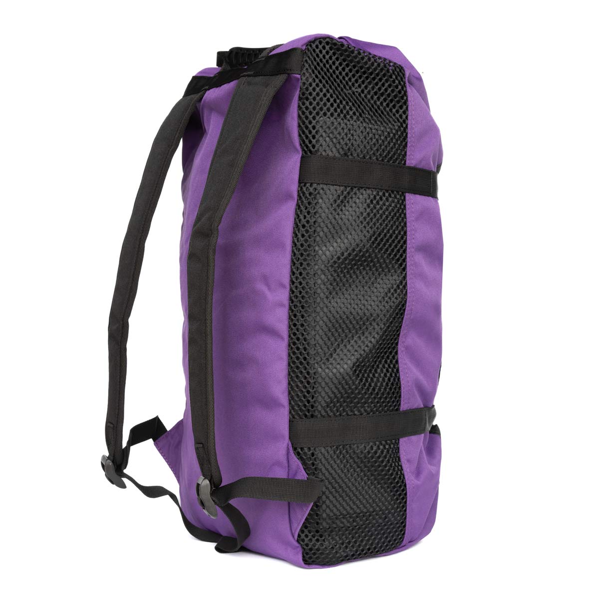 Violet climbing rope bag with black mesh back panel and adjustable straps