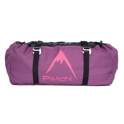 Climbing rope bag in purple with black end straps and pink brand logo on front