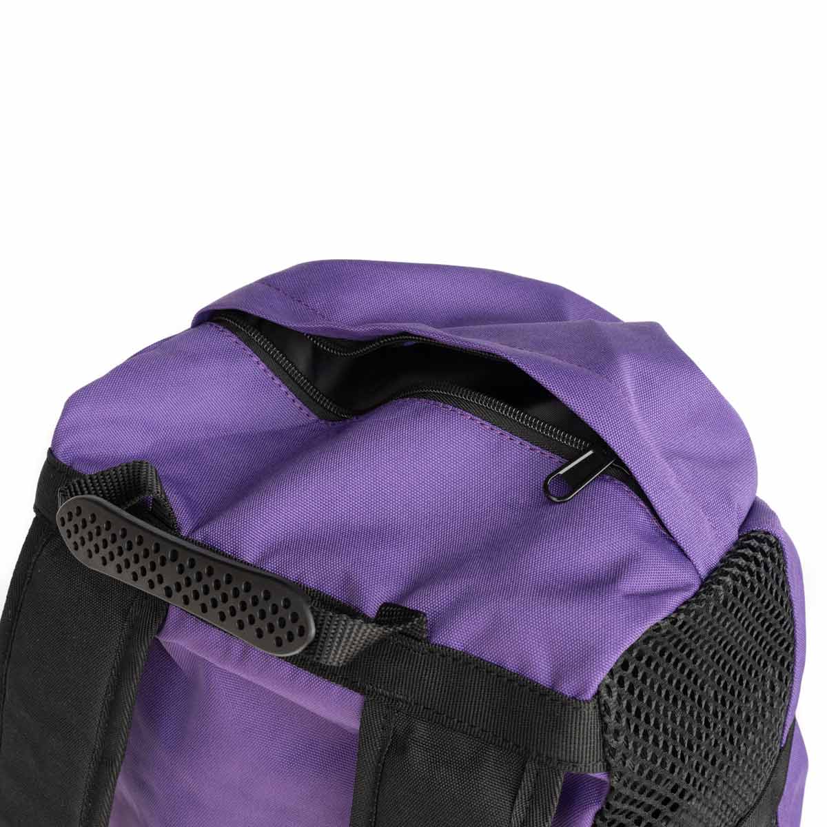 Violet climbing rope bag with black zip top pocket and textured mesh panel