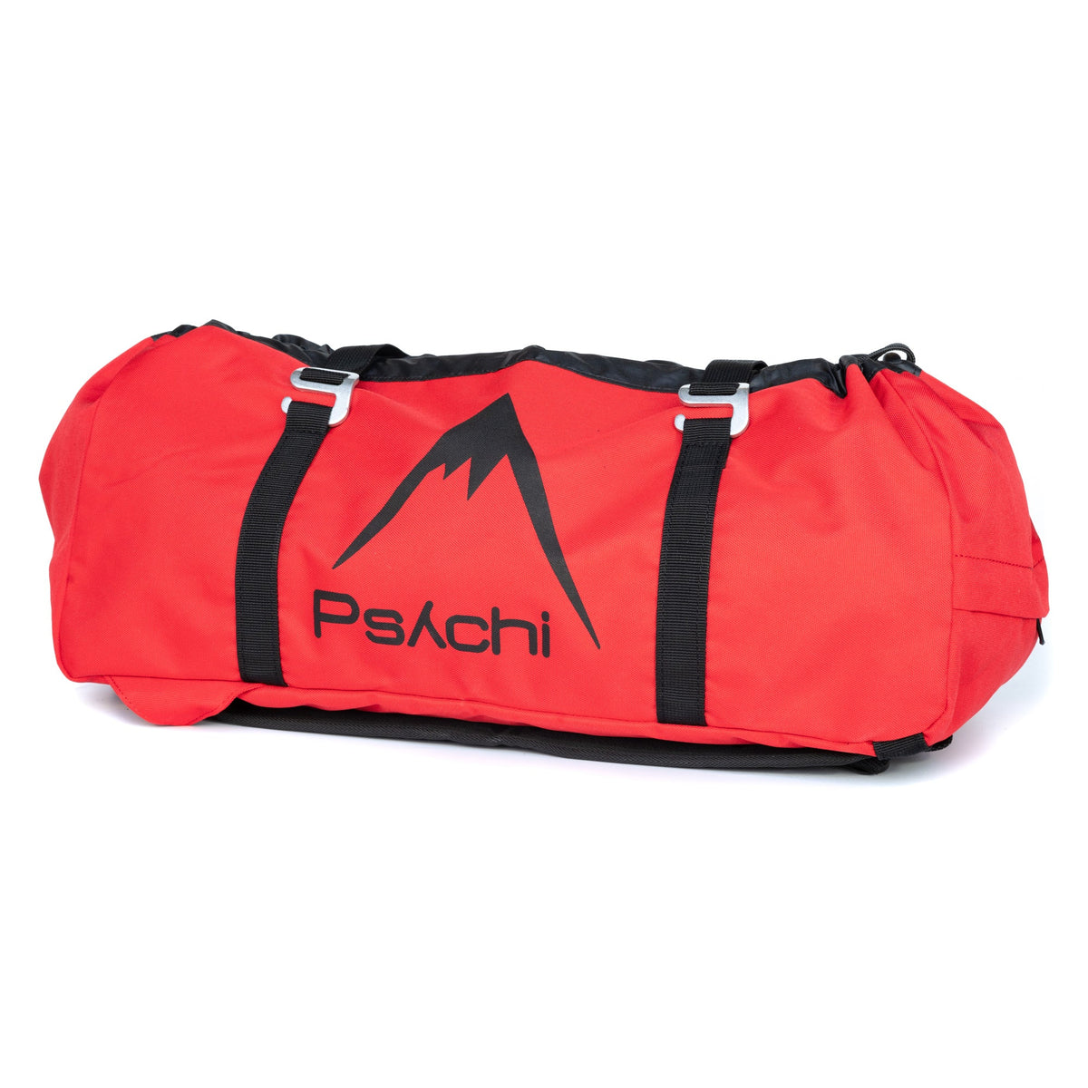 Red climbing rope bag with black straps and graphic logo