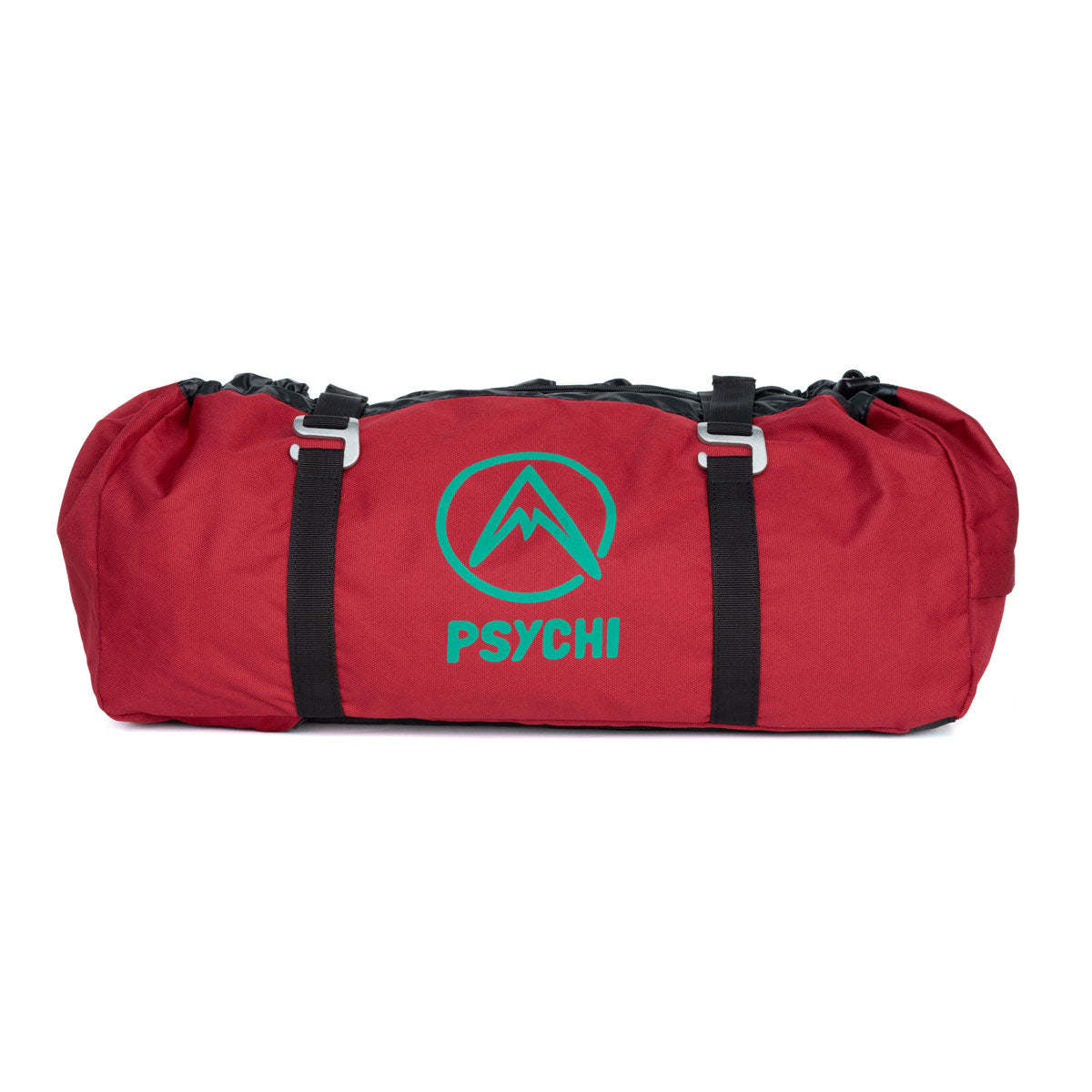 Red duffel-style climbing rope bag with black straps and PsyChi logo