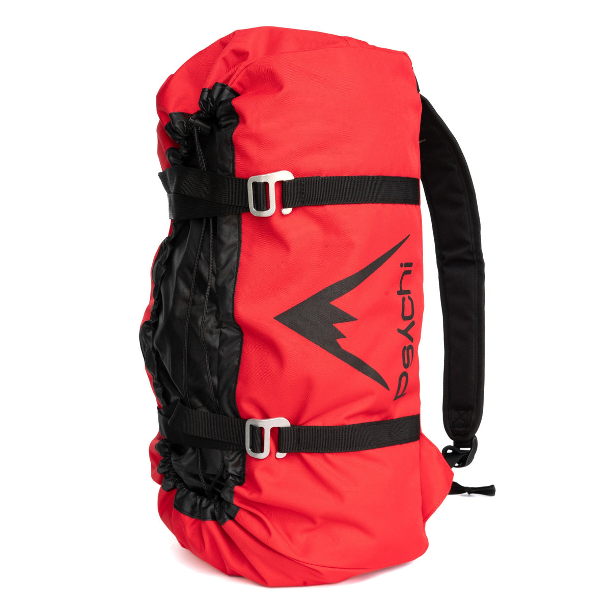 Red climbing rope bag with black straps and graphic logo