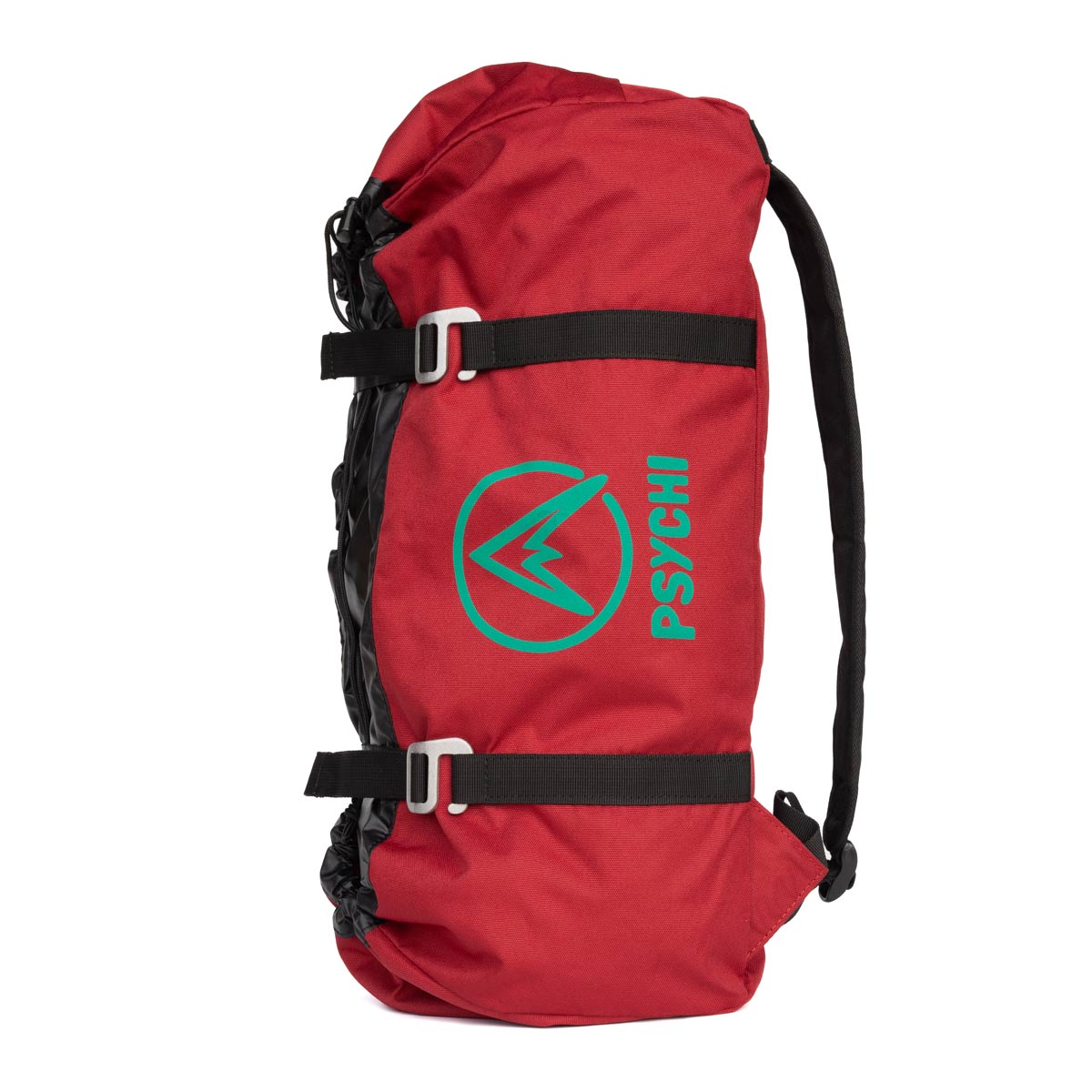 Red climbing rope bag with black straps and PsyChi logo front