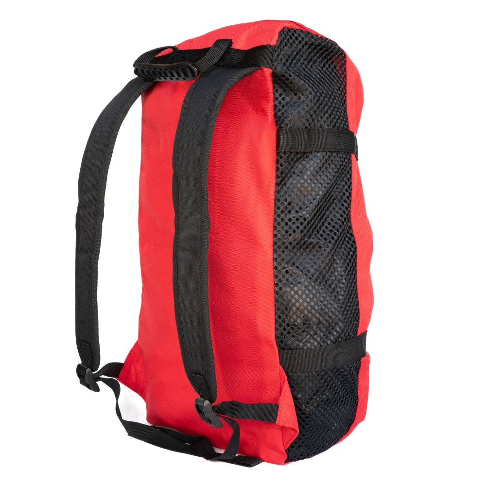 Red climbing rope bag with black mesh side panel and shoulder straps