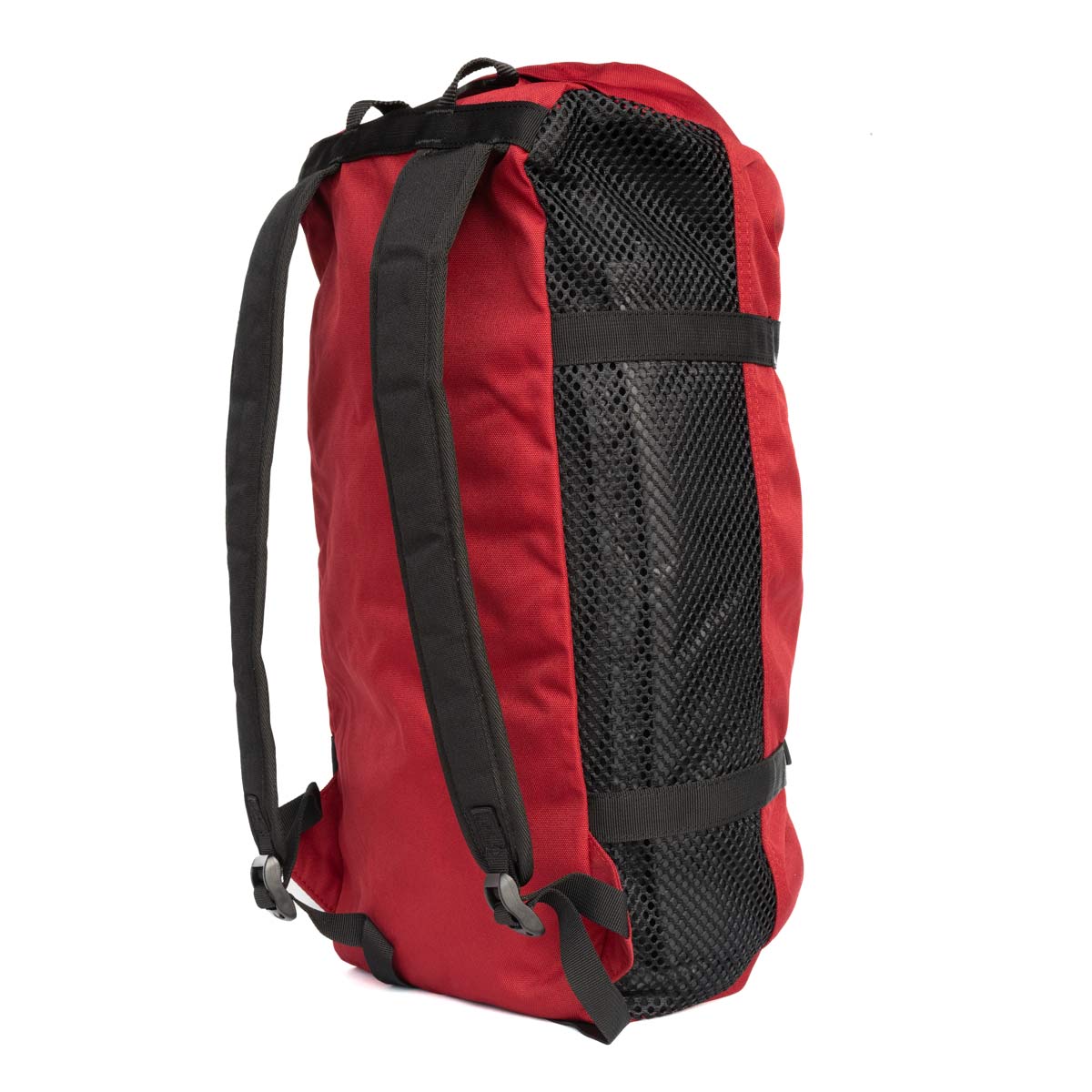 Red climbing rope bag with black shoulder strap and mesh side panel