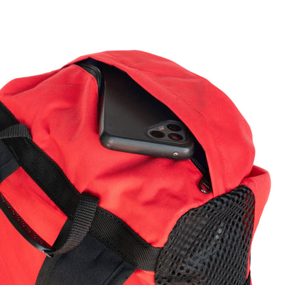 Red climbing rope bag with black straps and front pocket