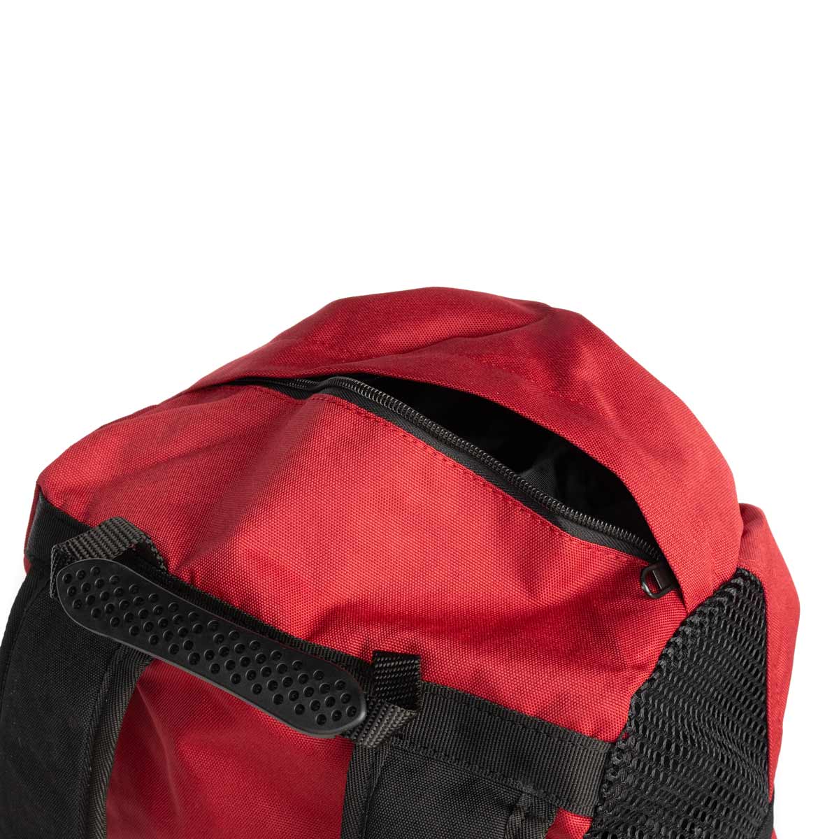 Red climbing rope bag with black trim, zipper pocket, and mesh side