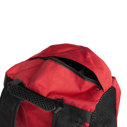 Red climbing rope bag with black trim, zipper pocket, and mesh side