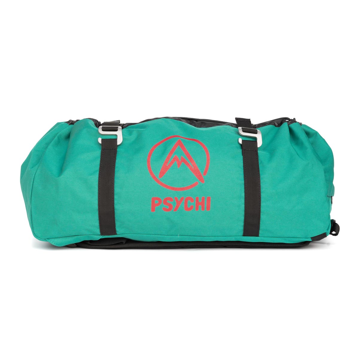 Turquoise climbing rope bag with black straps, buckles, and logo front panel