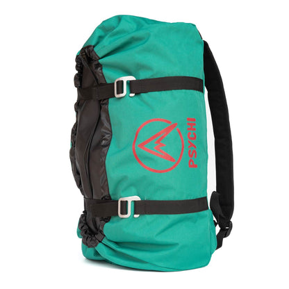 Psychi climbing rope bag in turquoise with black straps and logo patch