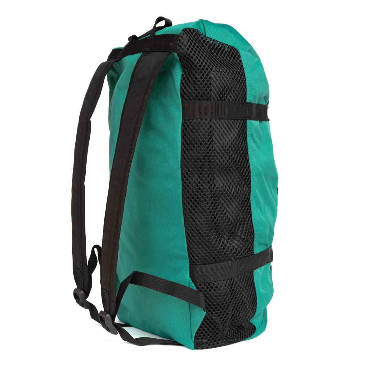 Turquoise climbing rope bag with black mesh back panel and side carry strap