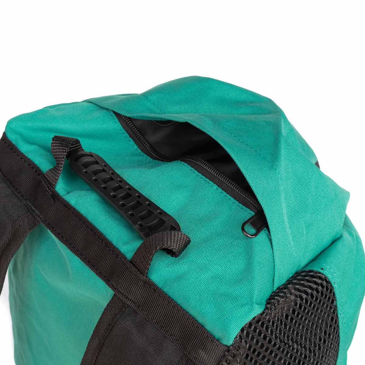 Climbing rope bag in turquoise with black webbing straps and zip opening