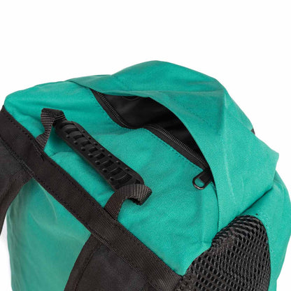Climbing rope bag in turquoise with black webbing straps and zip opening