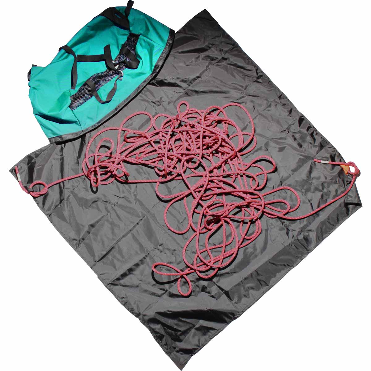 Climbing rope bag with red climbing rope laid out, gray fabric base and turquoise flap