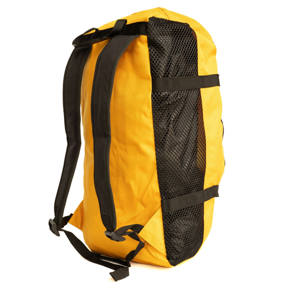 Climbing rope bag, yellow with black shoulder straps and breathable mesh panel