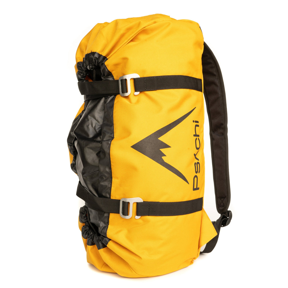 Climbing rope bag, yellow with black webbing straps and side buckles