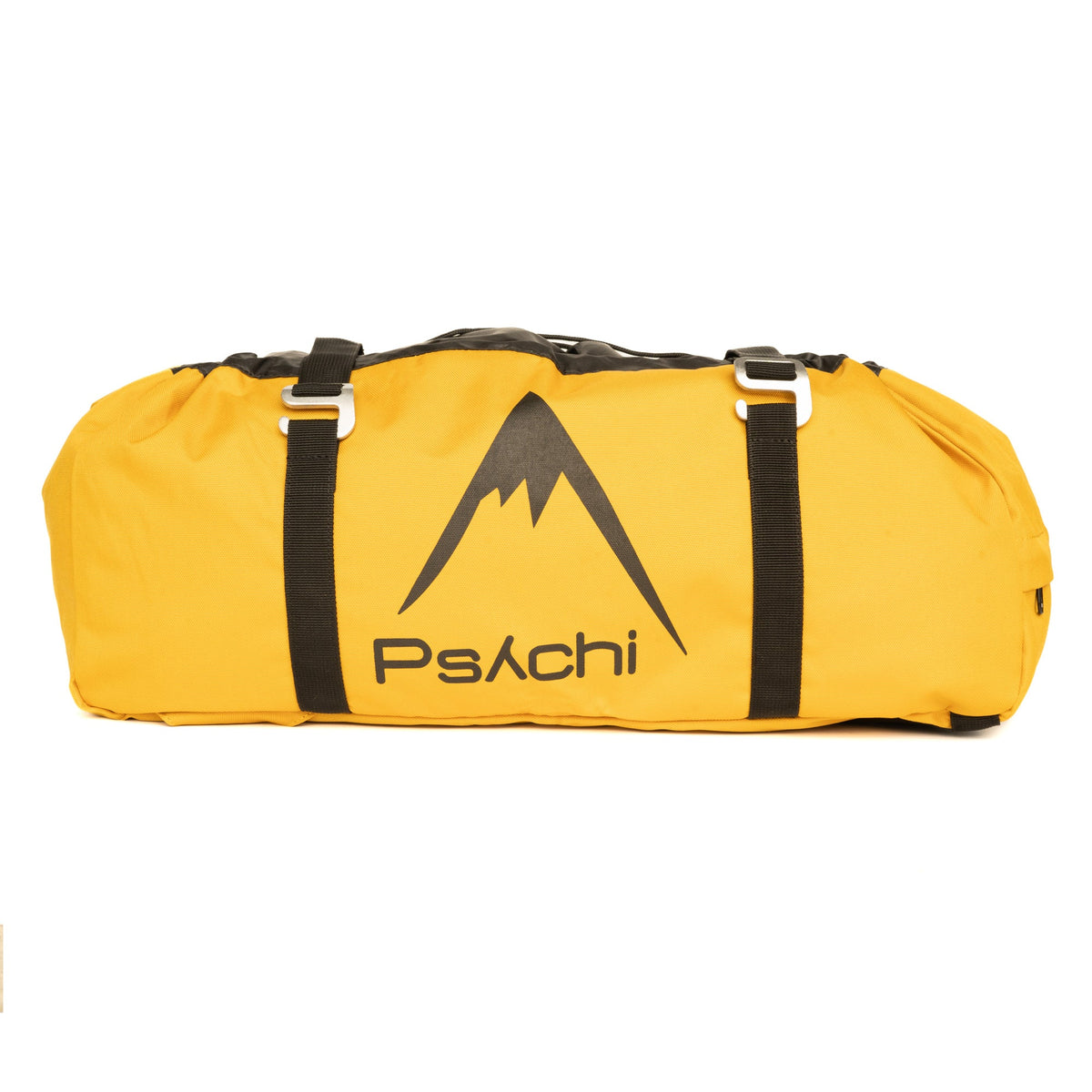 Climbing rope bag, yellow duffel shape with black straps and Psachi logo