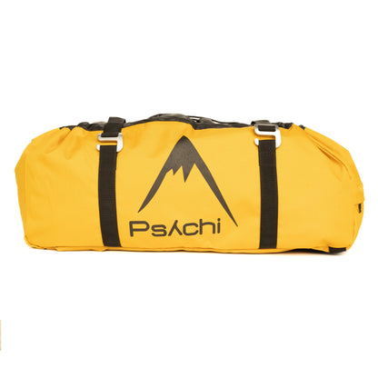 Climbing rope bag, yellow duffel shape with black straps and Psachi logo