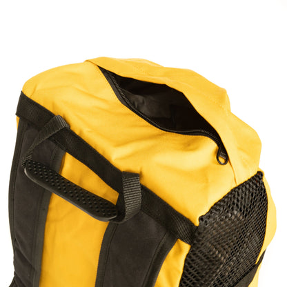 Climbing rope bag, yellow with black straps and side zip pocket