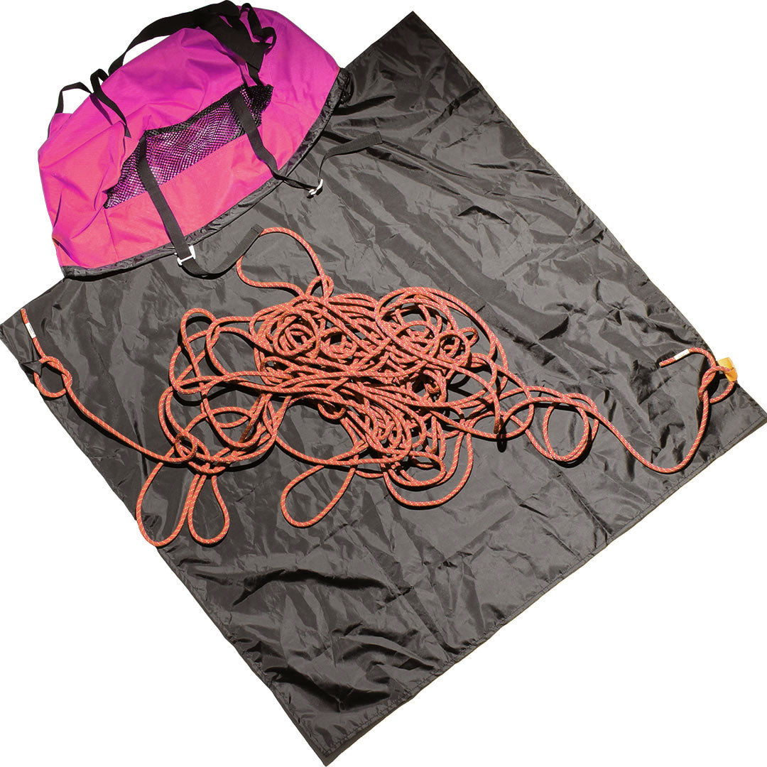 Violet and black climbing rope bag with orange rope shown