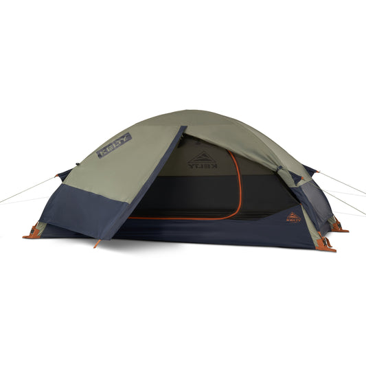 One-person dome tent, olive fly, dark blue panels, orange trim, mesh doorway.