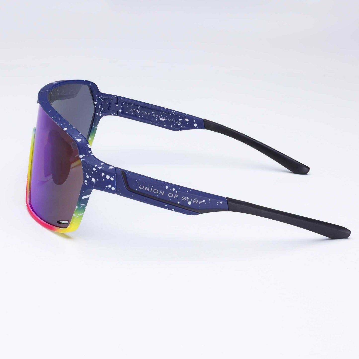 Wraparound sports eyewear with blue speckled frame and multicolour mirrored lens
