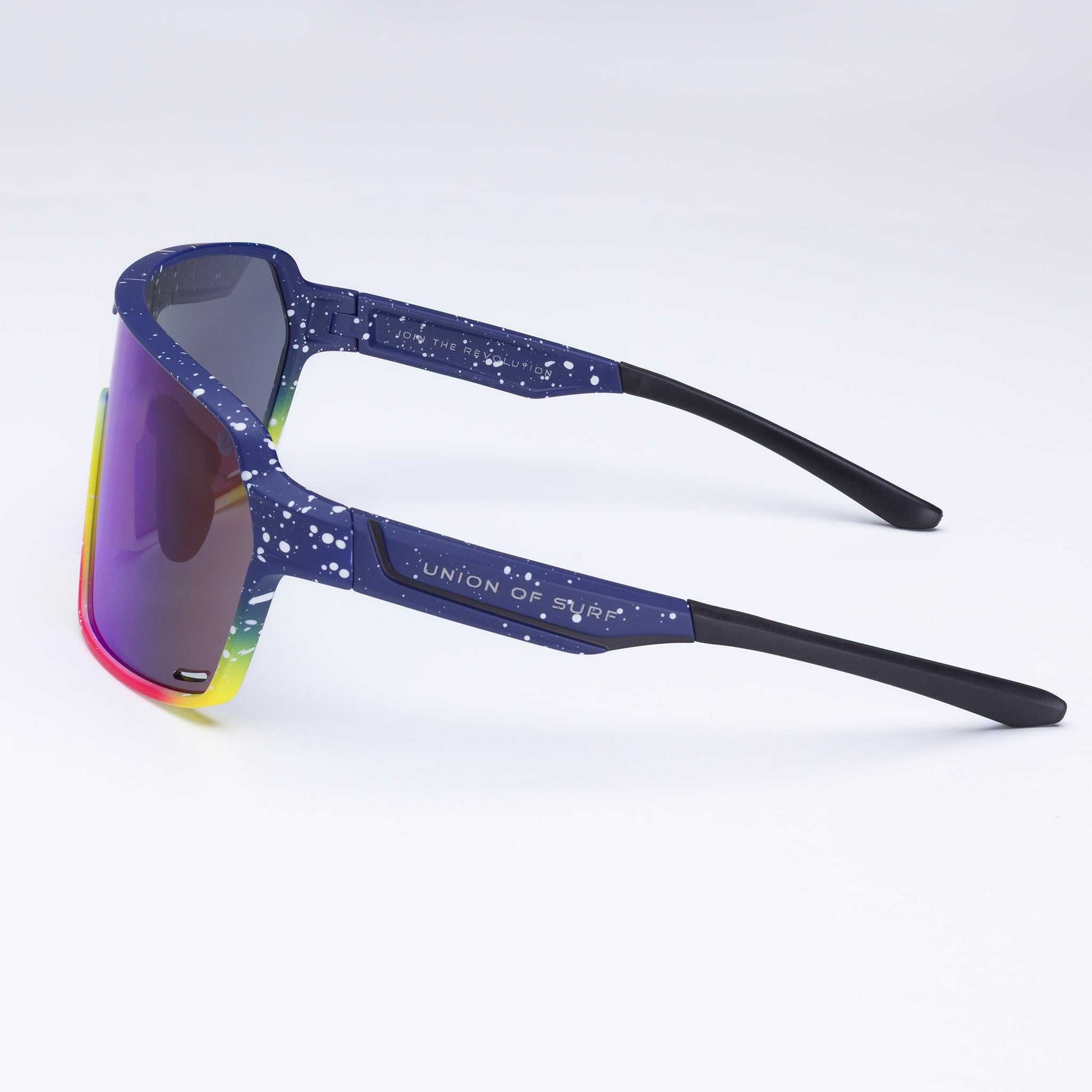 Wraparound sports eyewear with blue speckled frame and multicolour mirrored lens