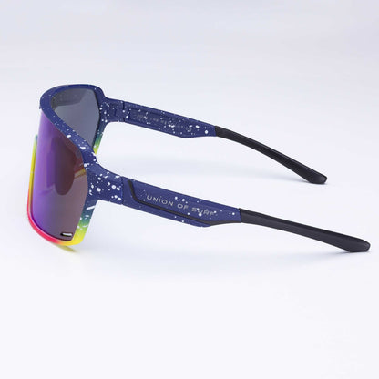 Wraparound sports eyewear with blue speckled frame and multicolour mirrored lens