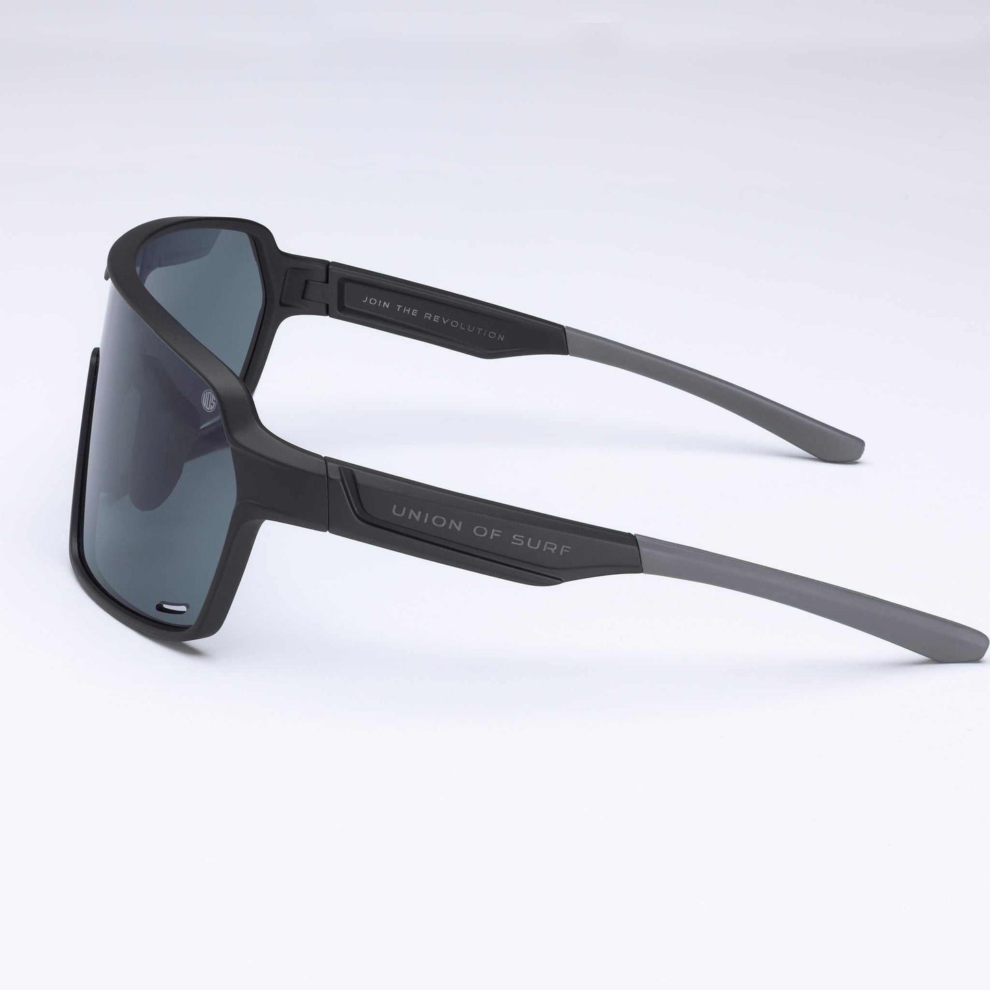 Black running wraparound sunglasses with tinted lenses and long temples