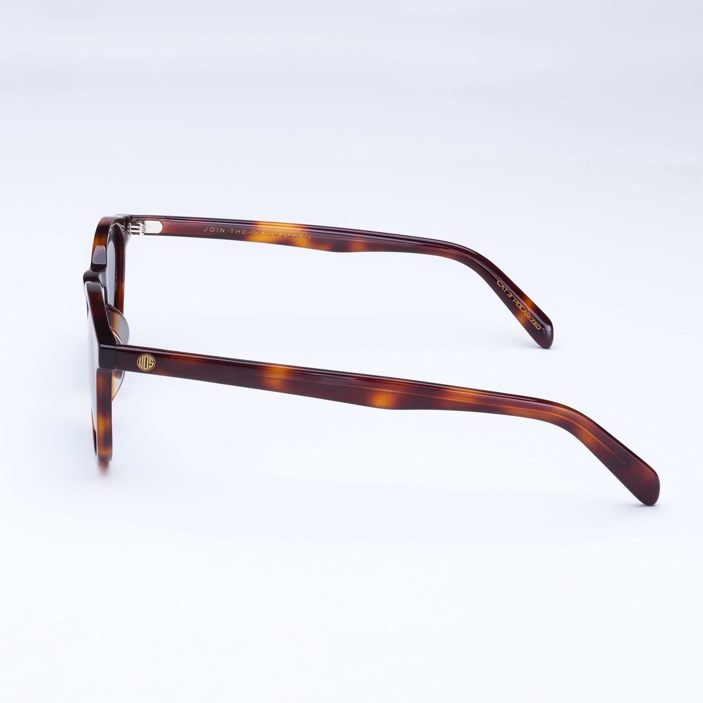 Tortoise shell eyeglass frame with dark-tinted lenses and curved temple arms