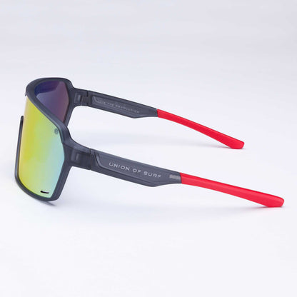 Wraparound sports sunglasses with black frame, red arms, and mirrored lenses
