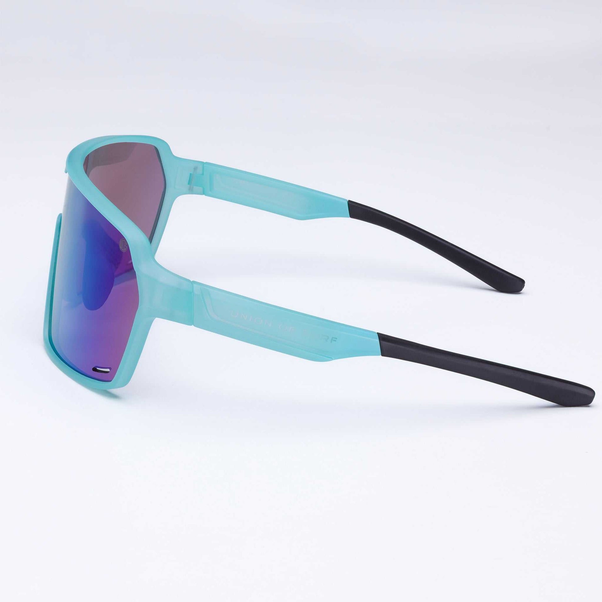 Ice blue wrap-around sports sunglasses with black arms and mirrored blue lens