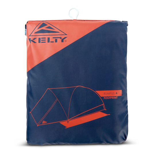 Kelty Rumpus 4-person tent footprint in orange and navy, folded storage bag with logo